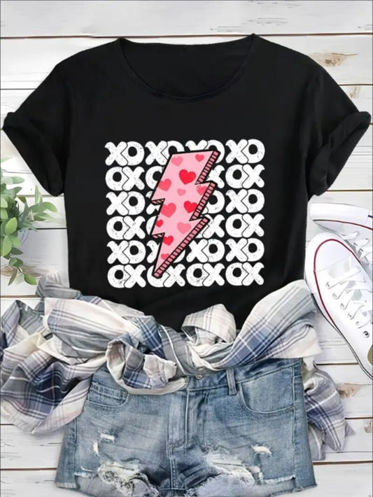 Love Valentine'S Day T-Shirt, XOXO Lightening Bolt, Fashion Casual T-Shirt, Short-Sleeved T-Shirt, Graphic shirt