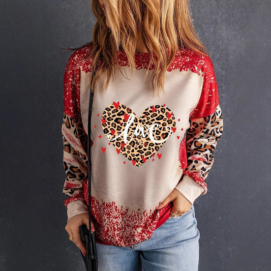 Heart Printing Round Neck Long Sleeve Pullover Sweatshirt